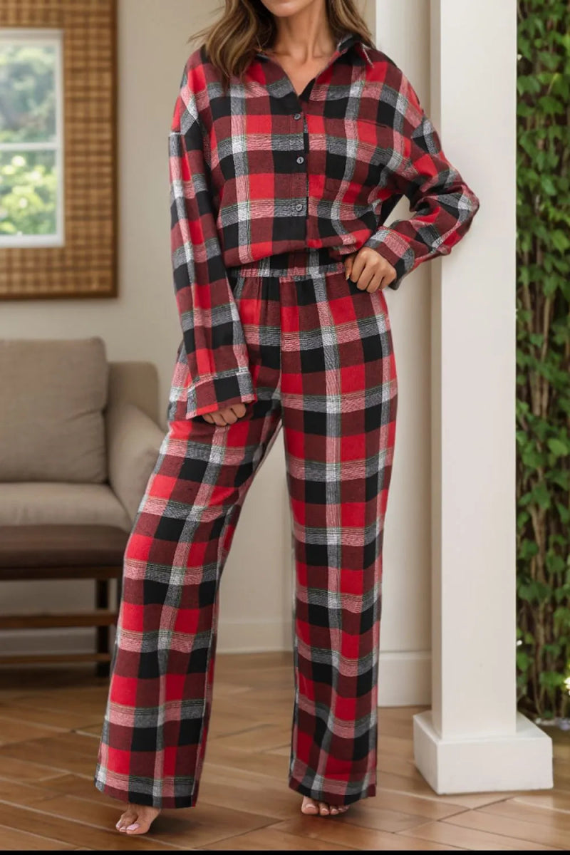 Plaid Long Sleeve Top and Pants Lounge Set - CELIVINE