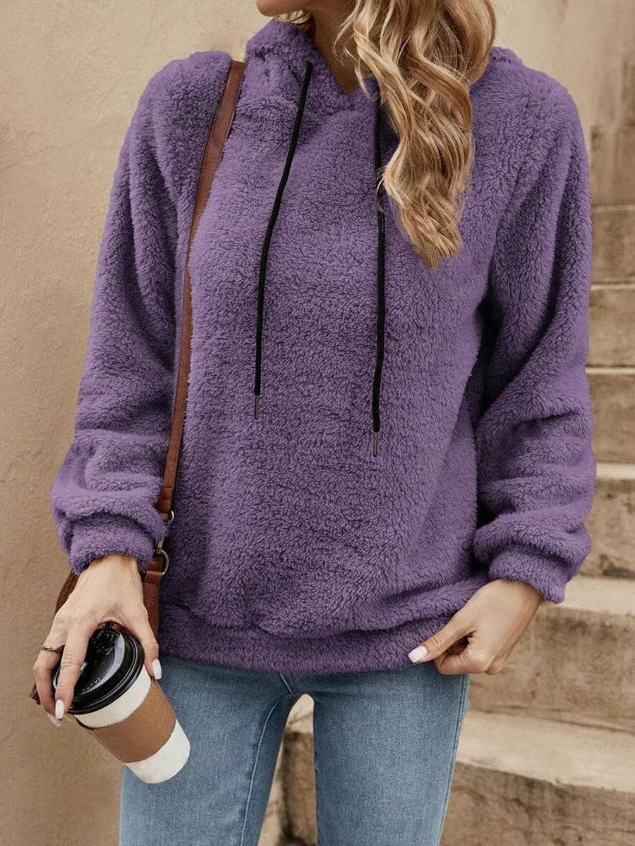 Drawstring Long Sleeve Fuzzy Hoodie - CELIVINE