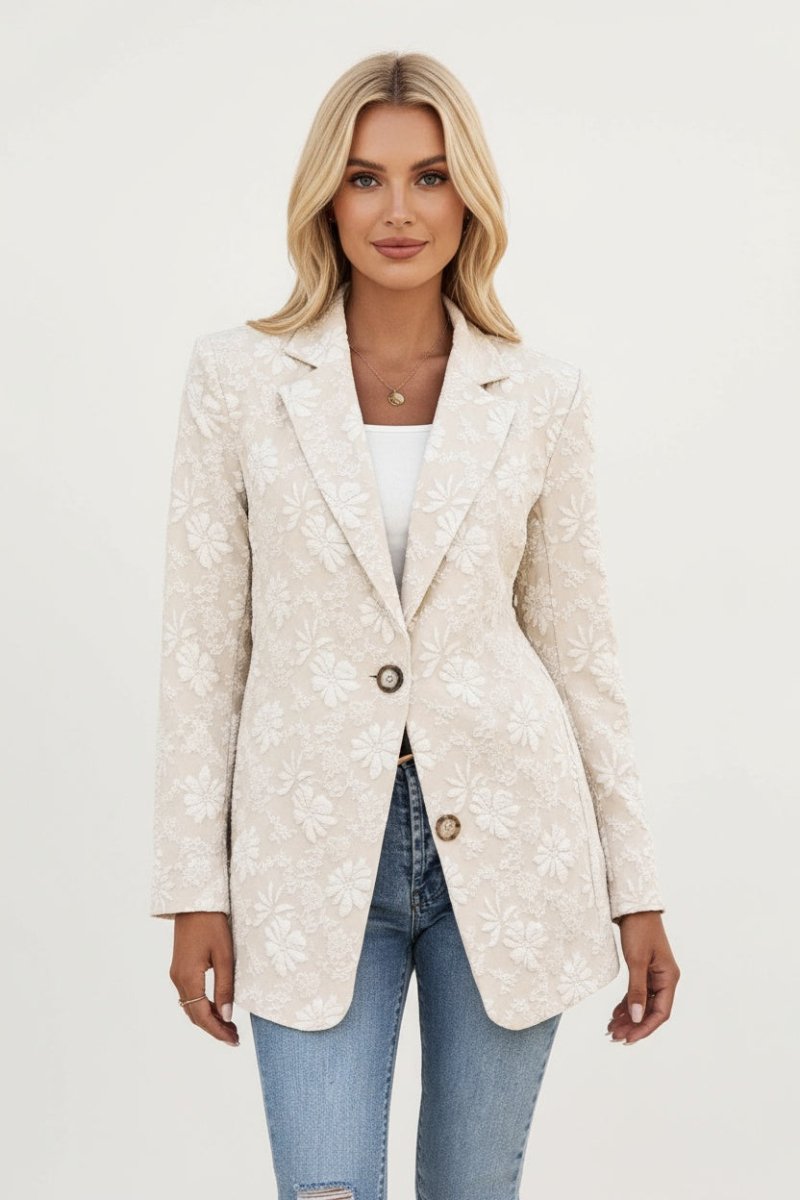 Floral Jacquard One Button Long Sleeve Blazer - CELIVINE