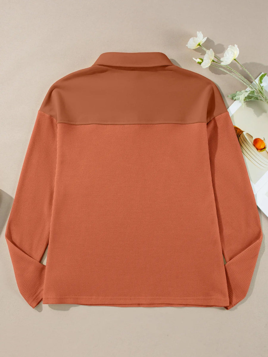 Long Sleeve Thermal Knit Polo Top - CELIVINE