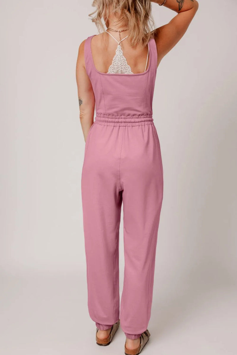 Elastic Waist Sleeveless Square Neck Jumpsuit - CELIVINE
