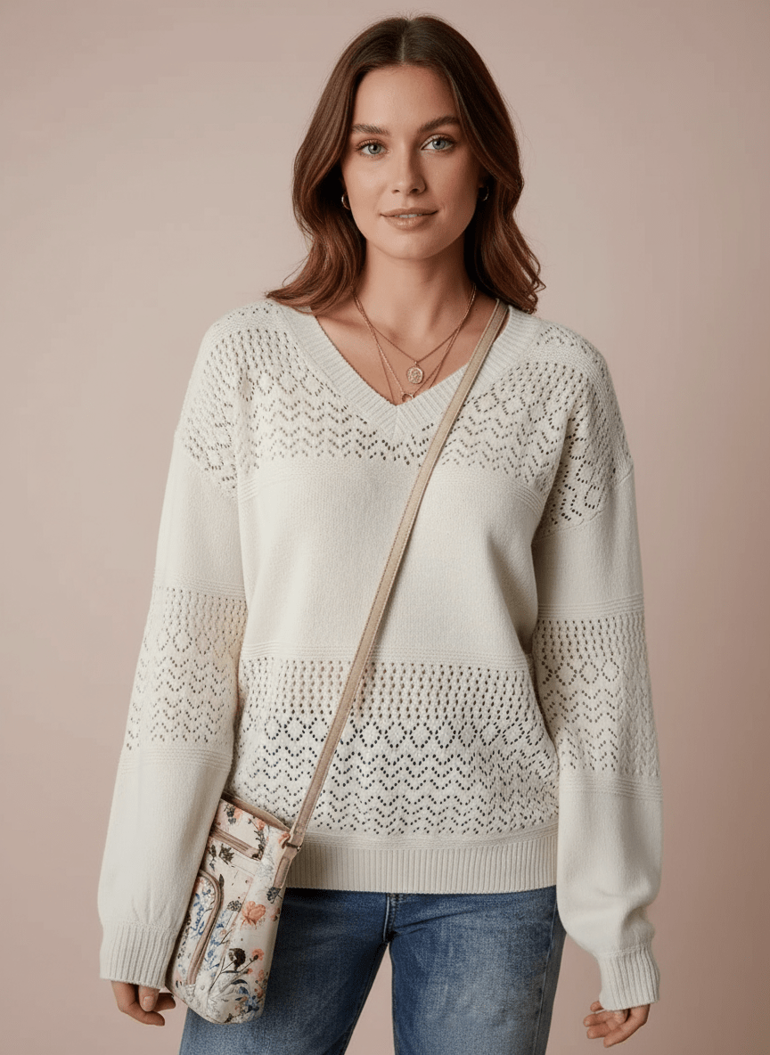 Eyelet Detail V - Neck Long Sleeve Sweater - CELIVINE