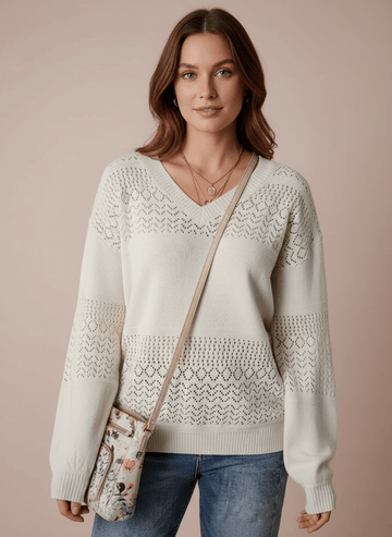 Eyelet Detail V - Neck Long Sleeve Sweater - CELIVINE