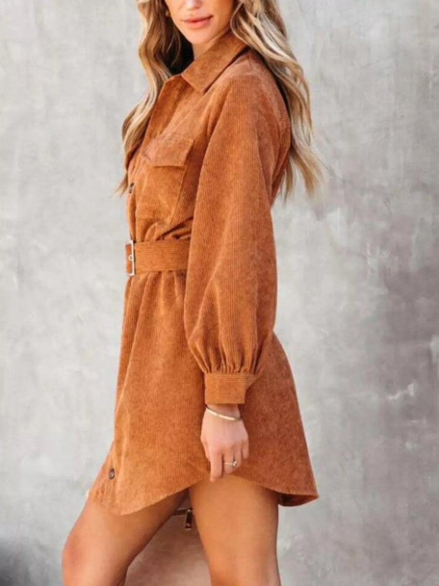Button Front Belt Long Sleeve Corduroy Dress - CELIVINE