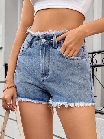 Washed Raw Hem Denim Shorts - CELIVINE