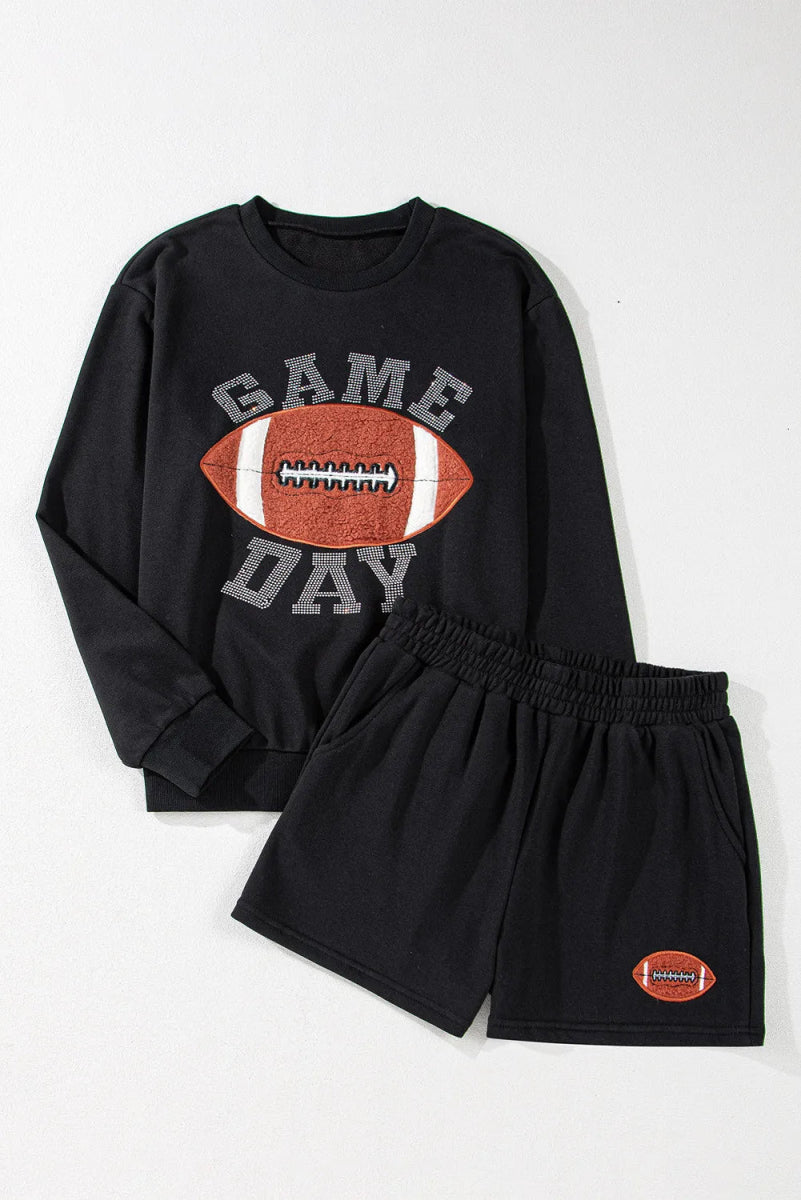 GAME DAY Football Round Neck Long Sleeve Top and Shorts Set - CELIVINE