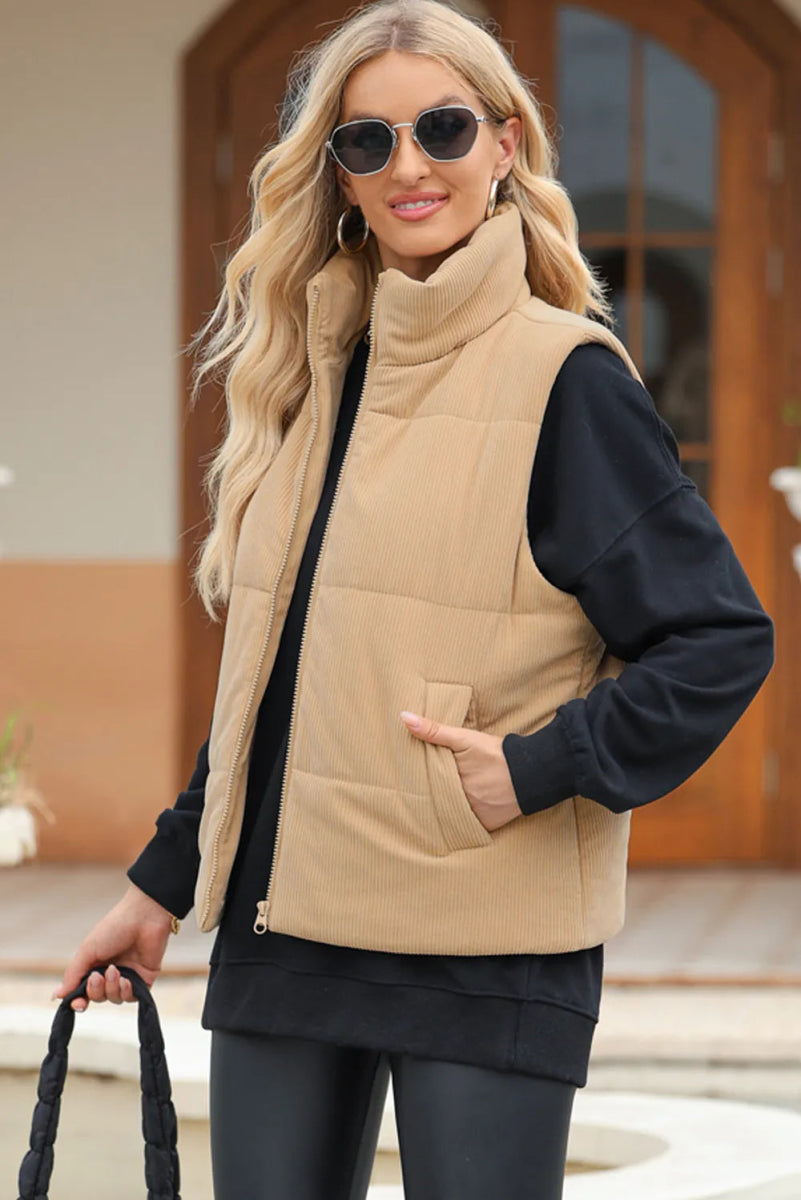 Pocketed Zip Up Turtleneck Vest Coat - CELIVINE