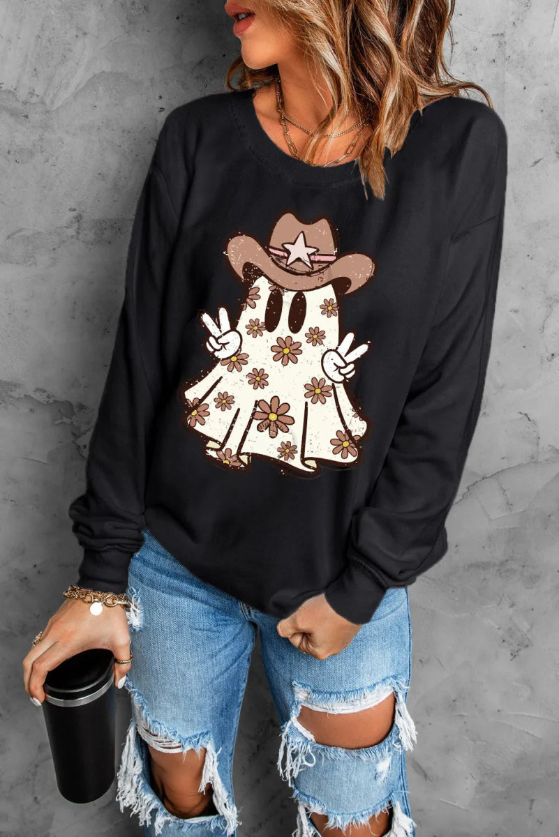 Ghost Round Neck Long Sleeve Sweatshirt - CELIVINE