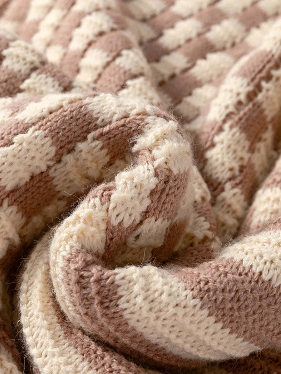 Stripe Checkerboard Drop Shoulder Balloon Sleeve Sweater - CELIVINE