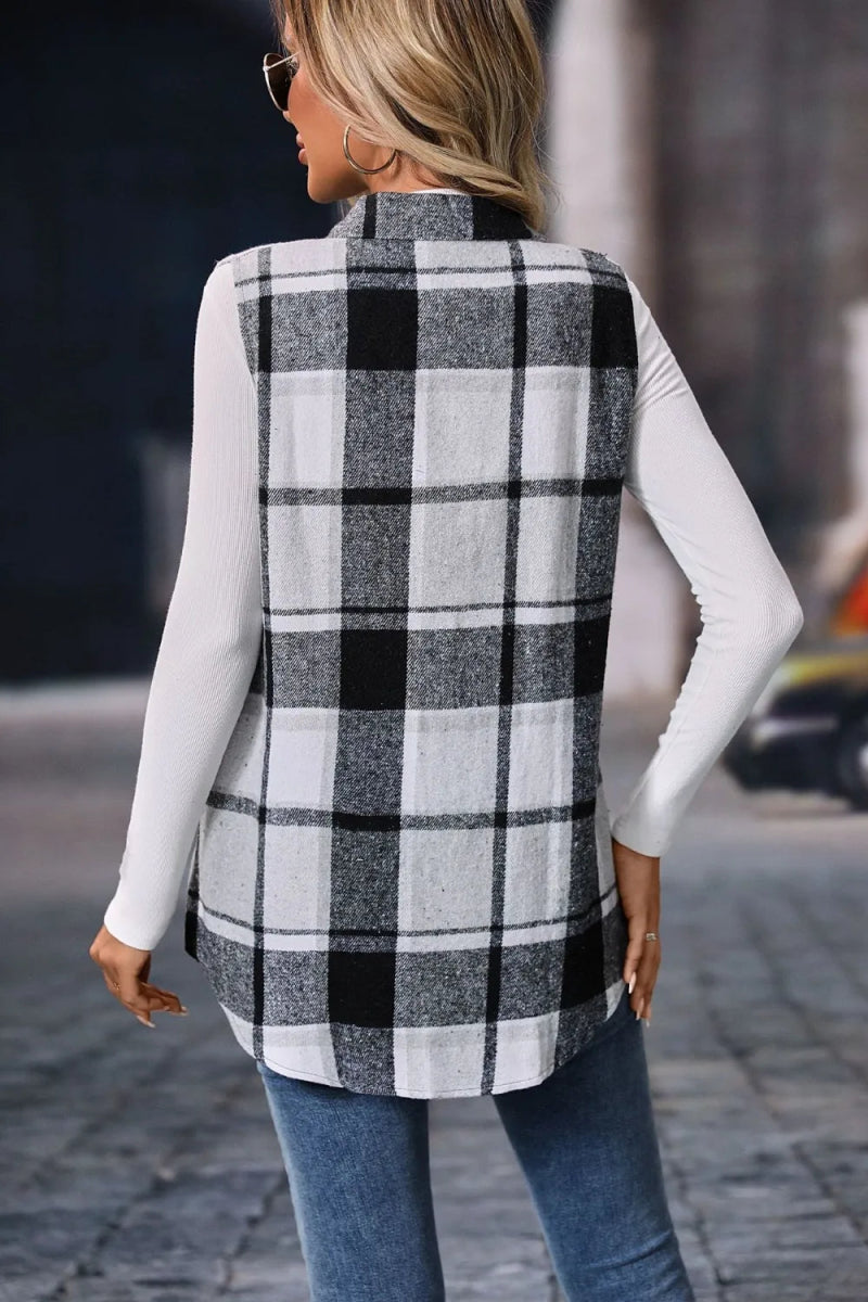 Plaid Button Up Vest Coat - CELIVINE