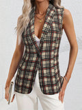 Plaid Button Up Collared Neck Vest - CELIVINE