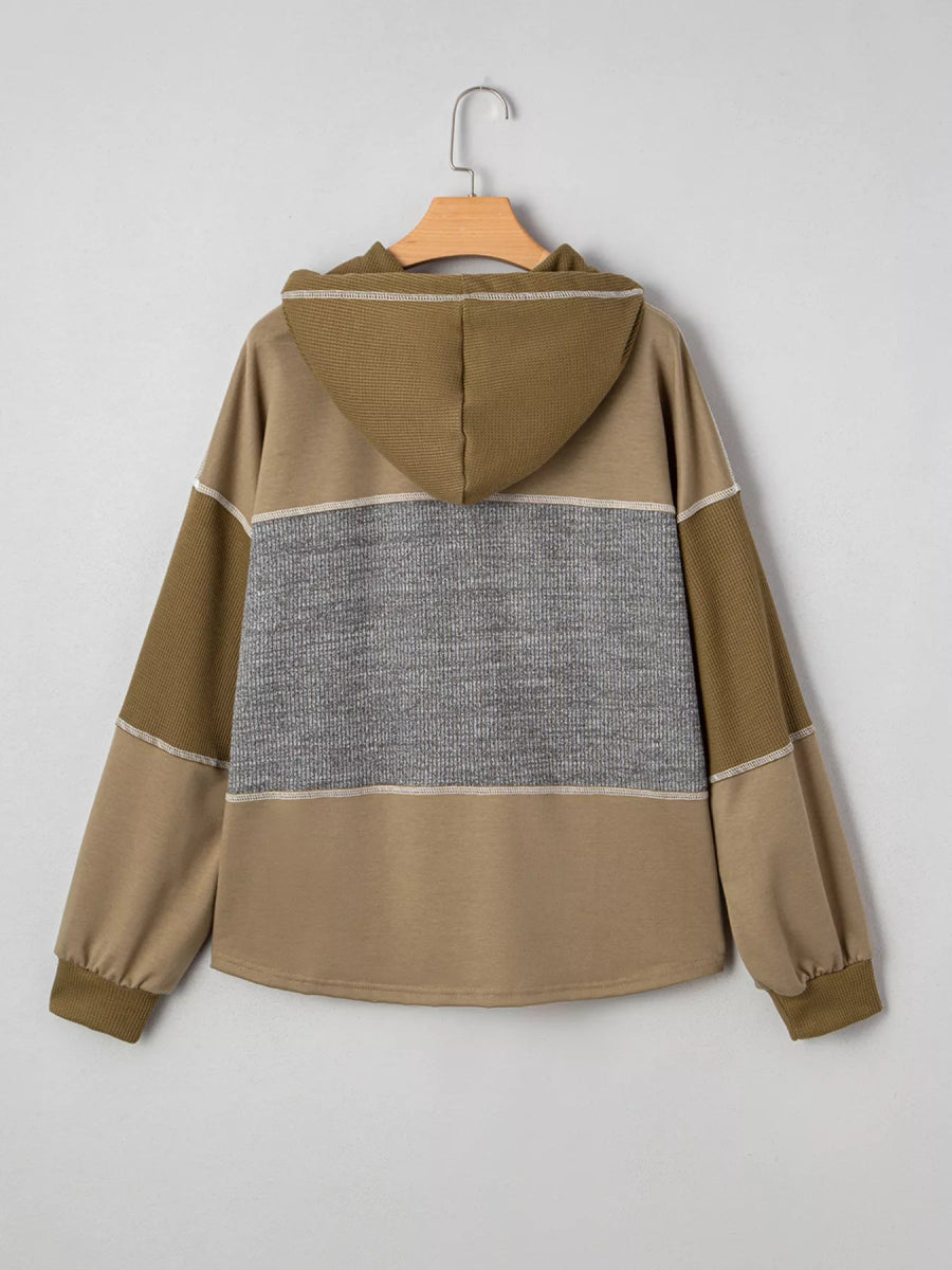 Mixed Texture Patchwork Exposed Seam Half Button Hoodie - CELIVINE