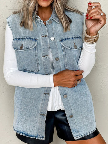 Collared Neck Button Up Denim Vest - CELIVINE