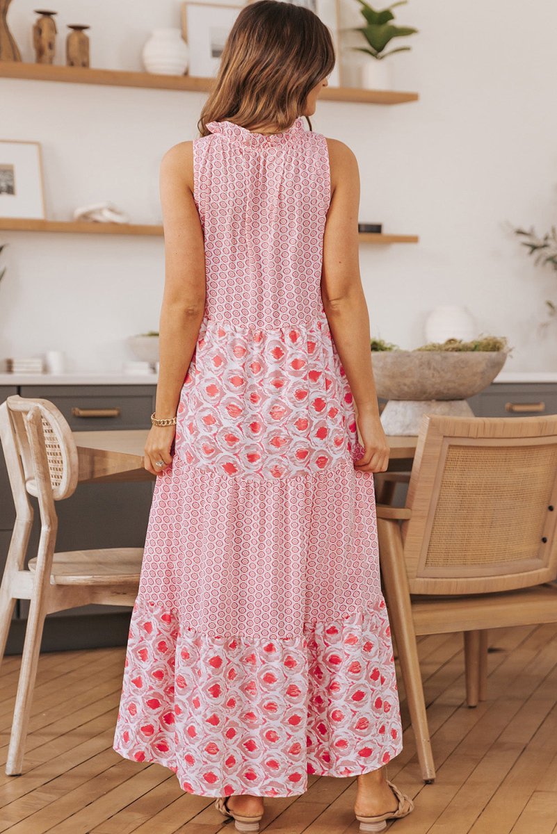 Mixed Print Tie - Neck Sleeveless Maxi Dress - CELIVINE