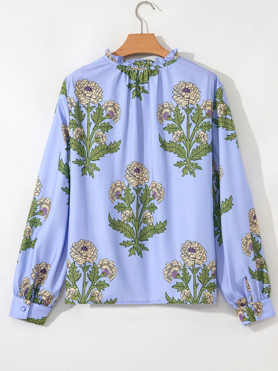 Floral Print Long Sleeve Tie Neck Blouse - CELIVINE