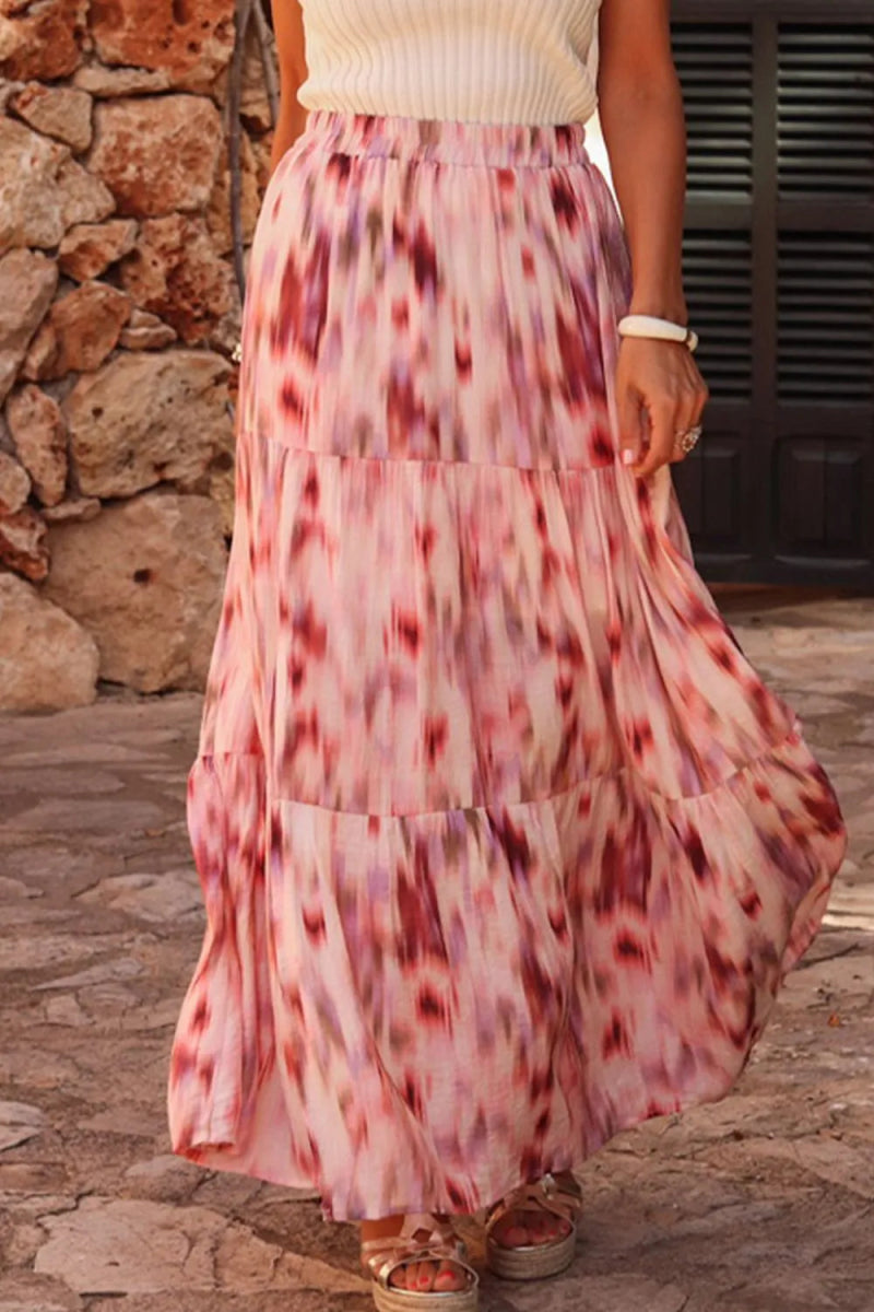 Tiered Printed Elastic Waist Skirt - CELIVINE