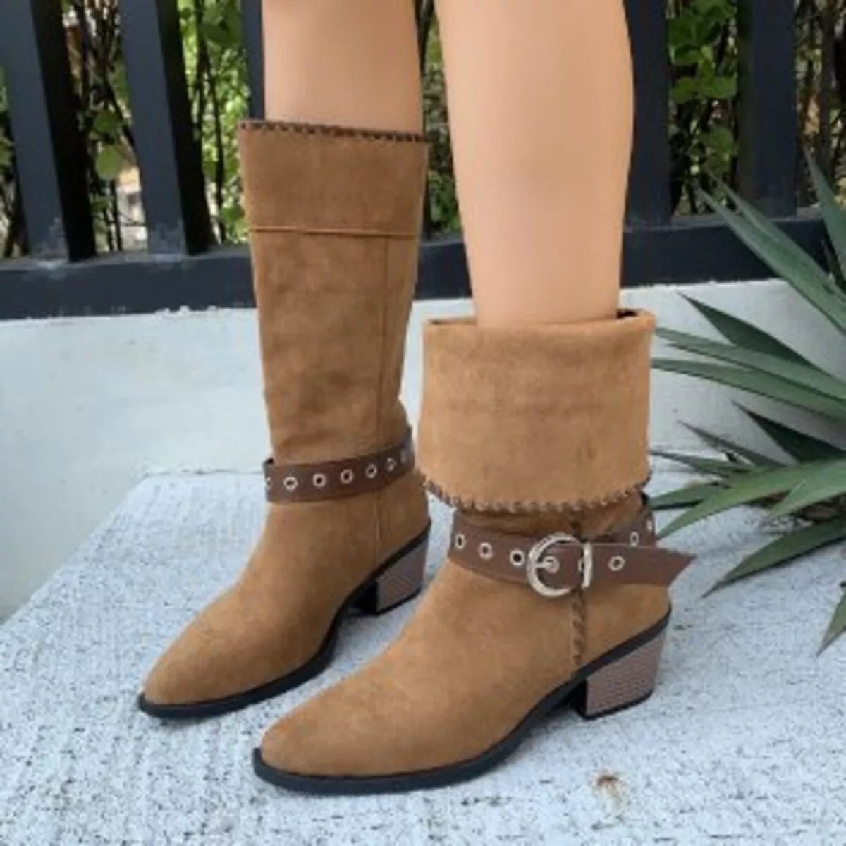 Point Toe Block Heels Boots - CELIVINE