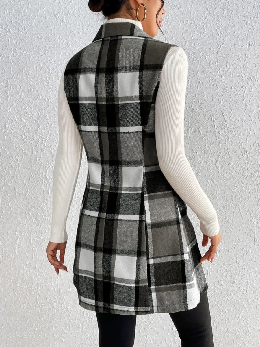 Honey Plaid Button Up Vest Coat - CELIVINE