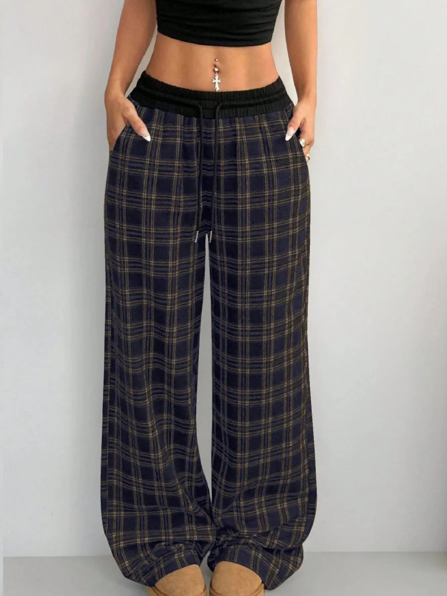 Plaid Wide Leg Pants with Drawstring Waist - CELIVINE