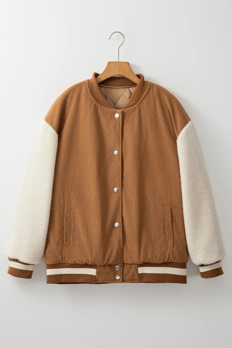 Contrast Baseball Collar Snap Down Long Sleeve Jacket - CELIVINE