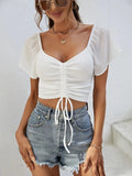 Drawstring Short Sleeve Crop Top - CELIVINE