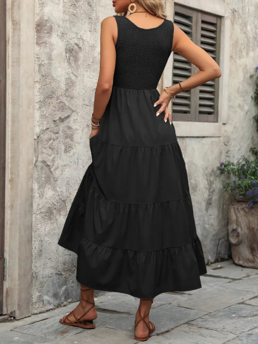 Smocked Scoop Neck Sleeveless Tank Dress - CELIVINE