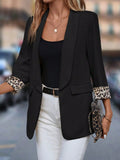 Leopard Lapel Collar Open Front Blazer - CELIVINE