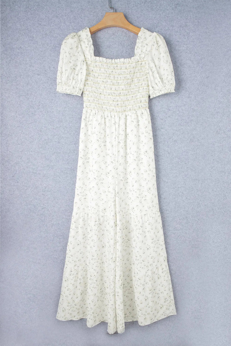 Smocked Printed Short Sleeve Jumpsuit - CELIVINE