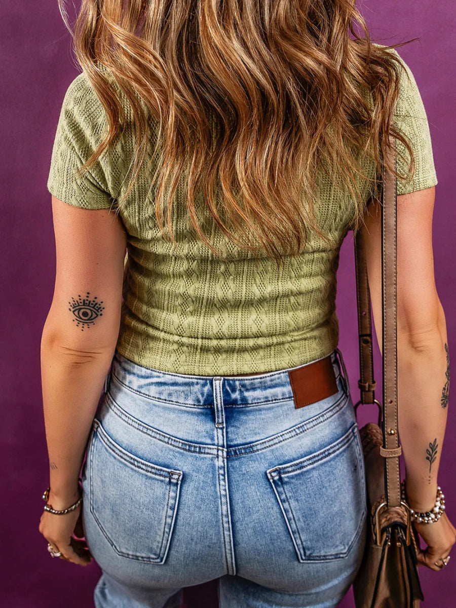 Textured Knit Slim Fit Notch V Neck Top - CELIVINE