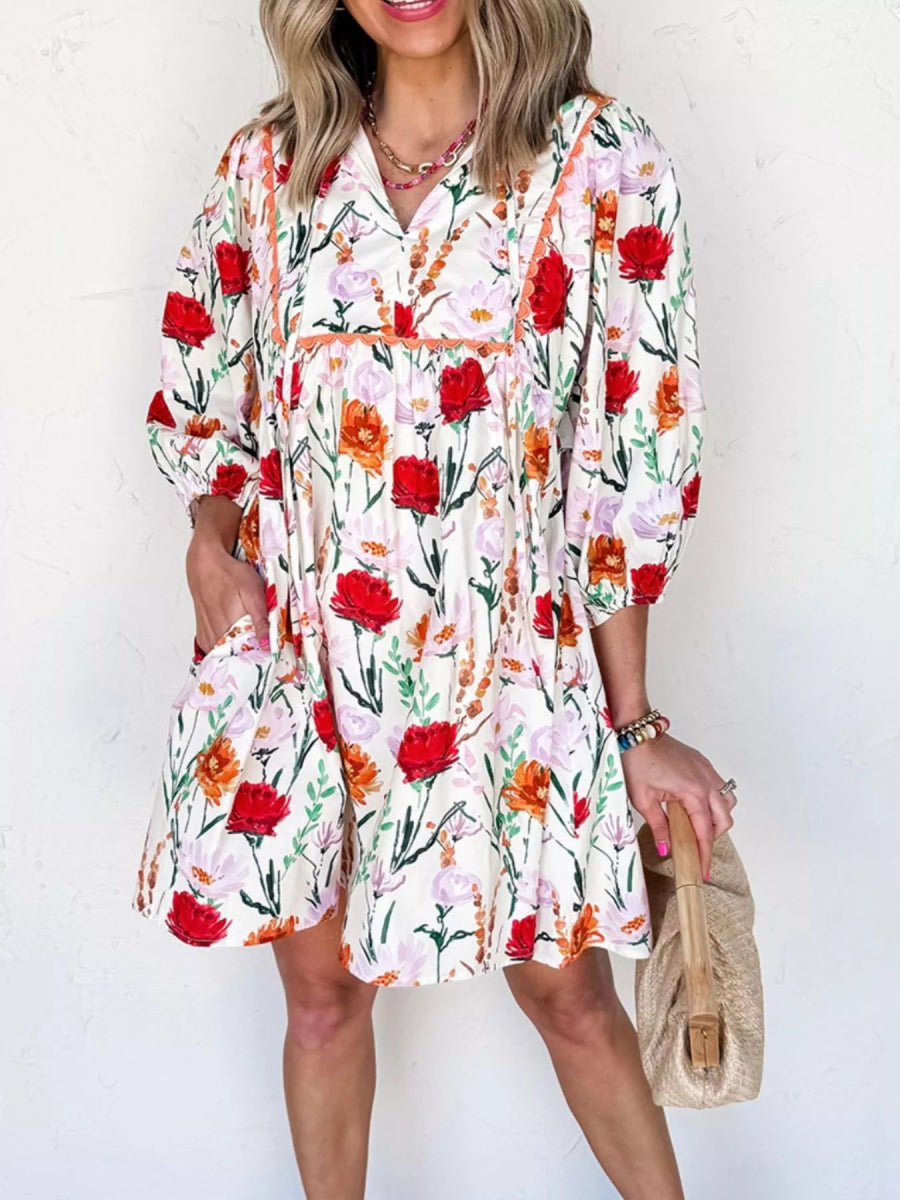 Floral Print 3/4 Sleeve Mini Dress - CELIVINE