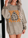 Halloween Checkerboard Floral Ghost Graphic Corded Sweatshirt - CELIVINE