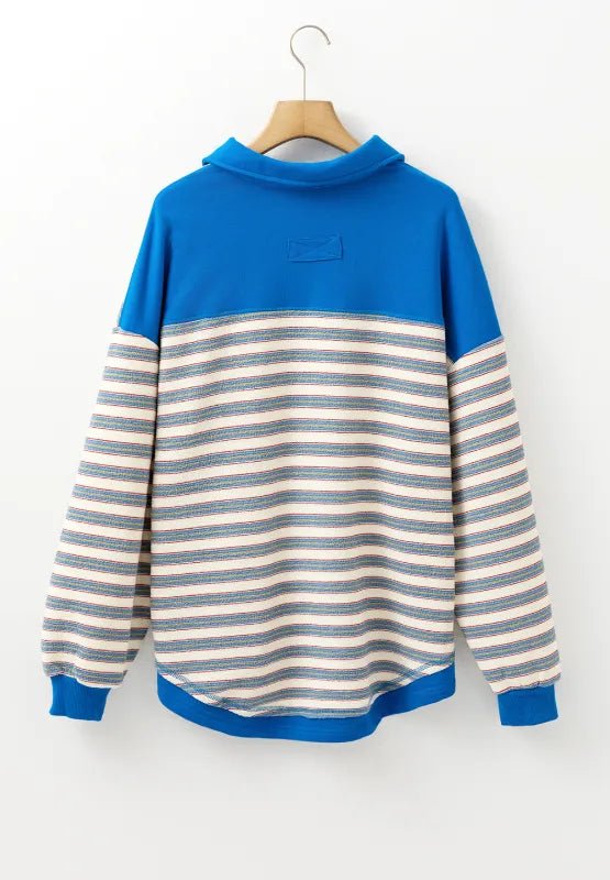 Striped Johnny Collar Long Sleeve Sweatshirt - CELIVINE