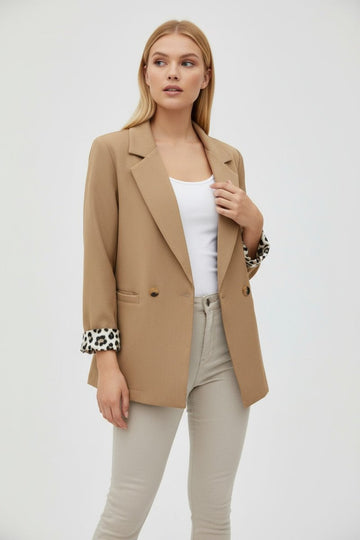 Lapel Collar Leopard Cuff Long Sleeve Blazer - CELIVINE