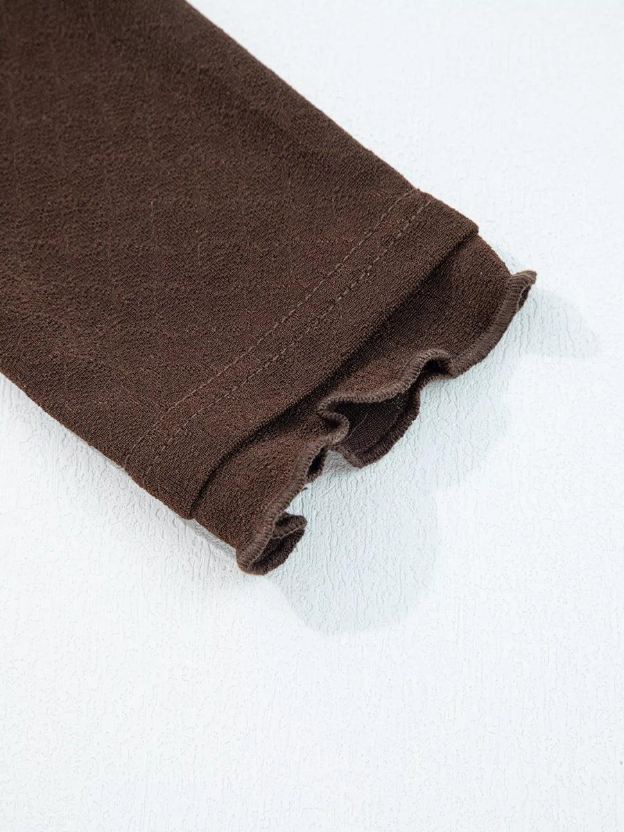 Lettuce Trim Raw Seam Patchwork Jacquard Long Sleeve Top - CELIVINE