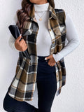 Honey Plus Size Pocketed Plaid Button Up Vest Coat - CELIVINE