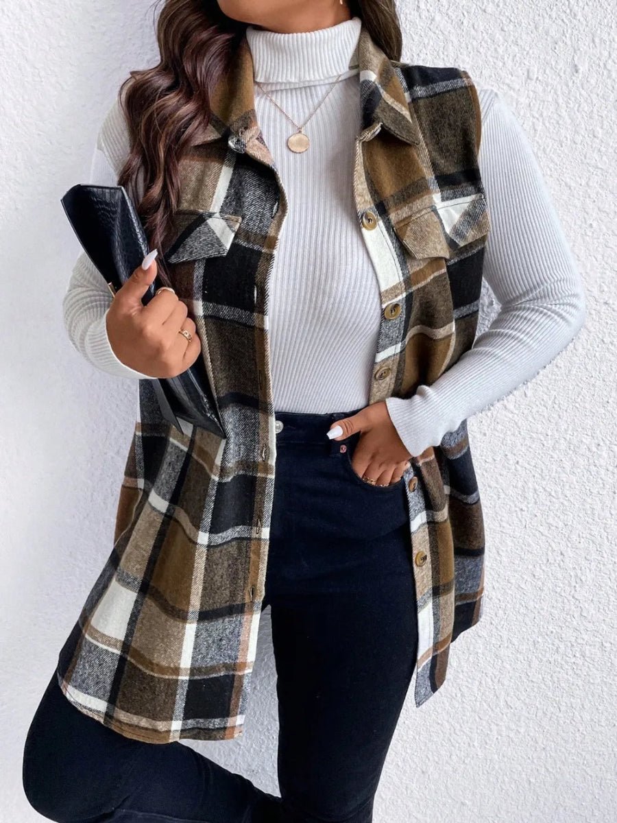 Honey Plus Size Pocketed Plaid Button Up Vest Coat - CELIVINE