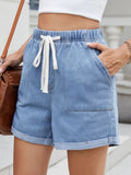 Drawstring Wash Denim Shorts - CELIVINE