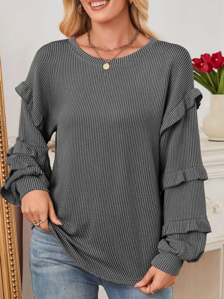 Ruffled Round Neck Long Sleeve Sweatshirt - CELIVINE