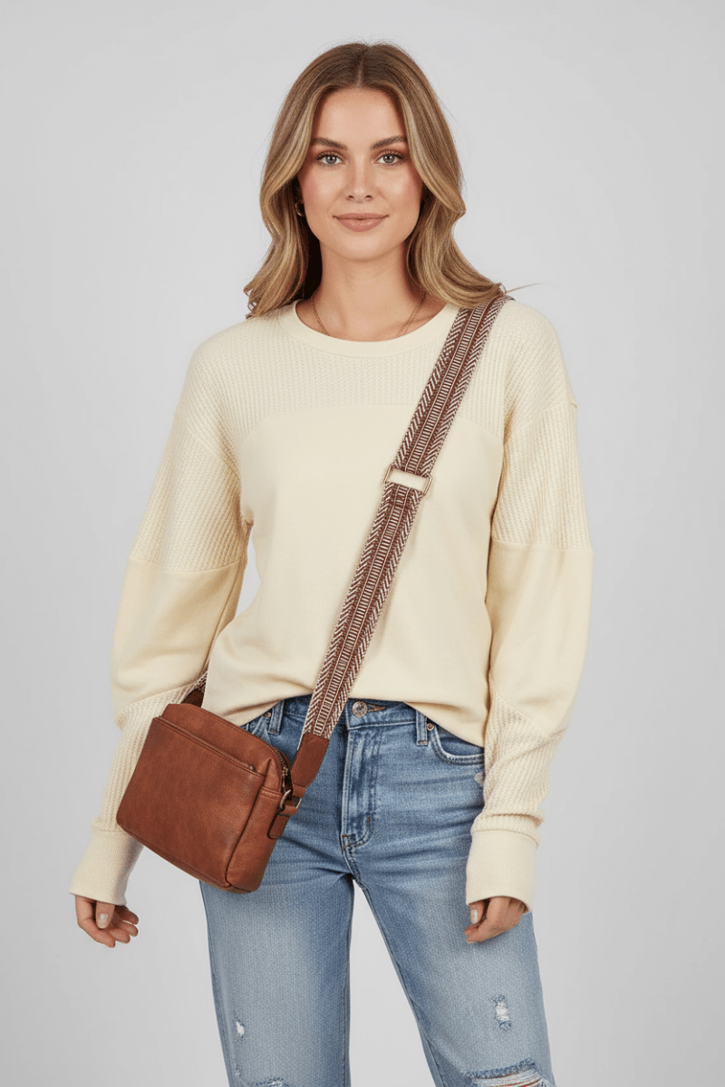 Waffle - Knit Round Neck Long Sleeve Top - CELIVINE