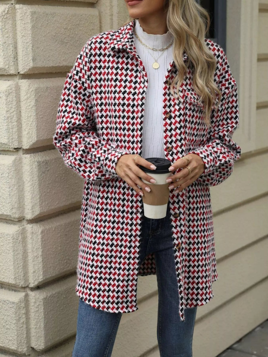 Houndstooth Button Up Long Sleeve Coat - CELIVINE