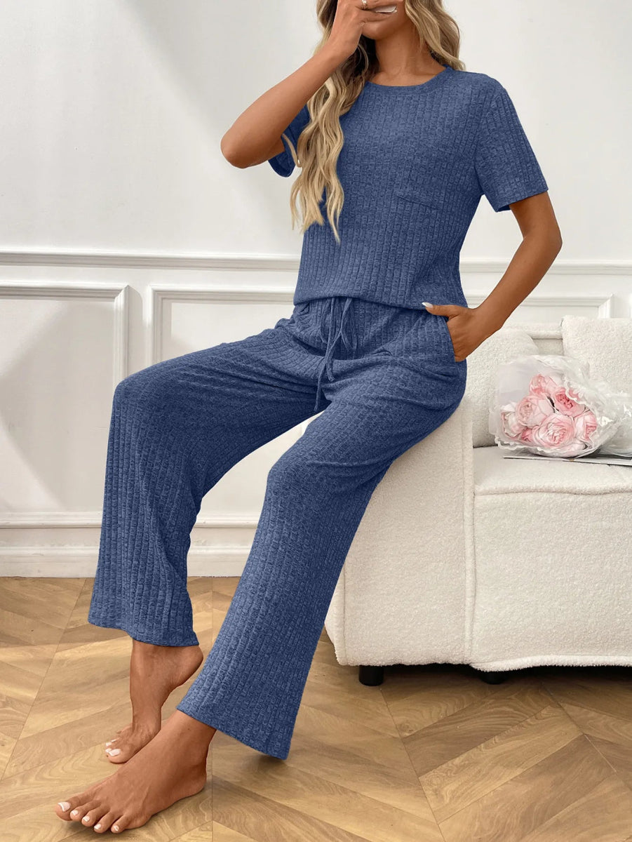 Ribbed Knit Short Sleeve Top and Pants Lounge Set - CELIVINE