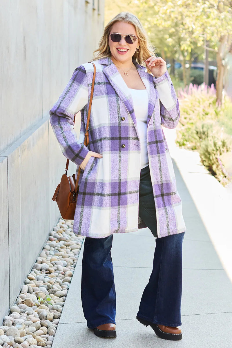 Double Take Full Size Plaid Button Up Lapel Collar Coat - CELIVINE