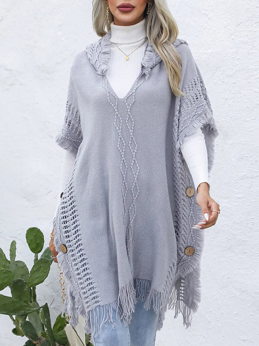 Fringe Trim Buttoned Hooded Poncho - CELIVINE