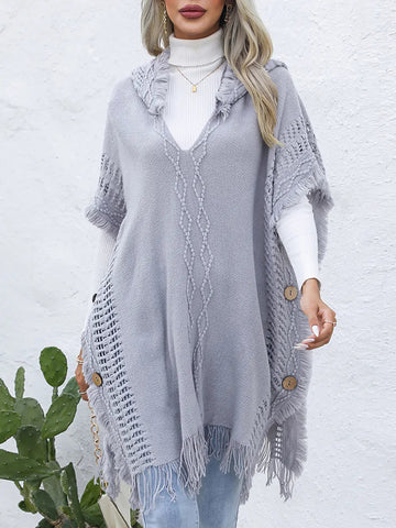 Fringe Trim Buttoned Hooded Poncho - CELIVINE