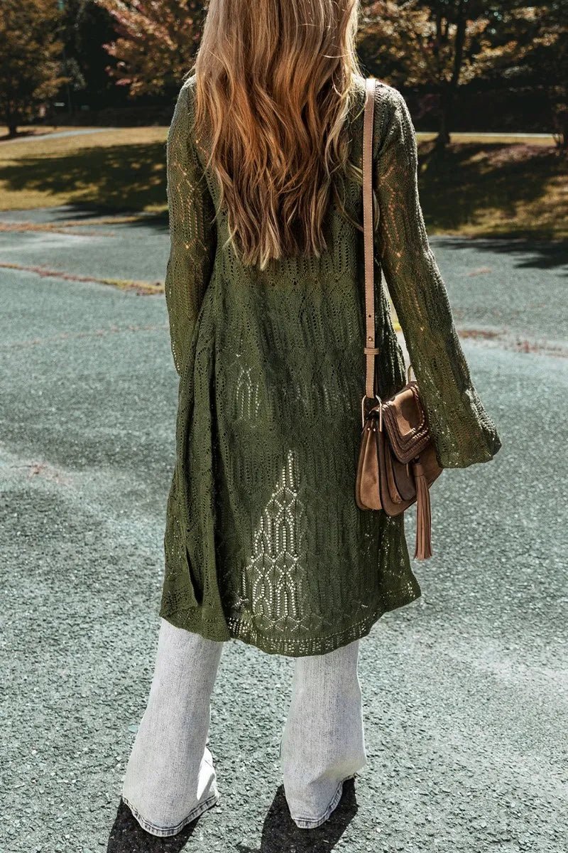 Openwork Open Front Long Sleeve Cardigan - CELIVINE