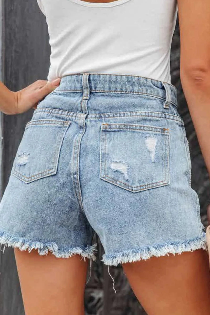 Rhinestone Fringe Distressed Denim Shorts - CELIVINE