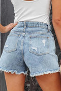 Rhinestone Fringe Distressed Denim Shorts - CELIVINE