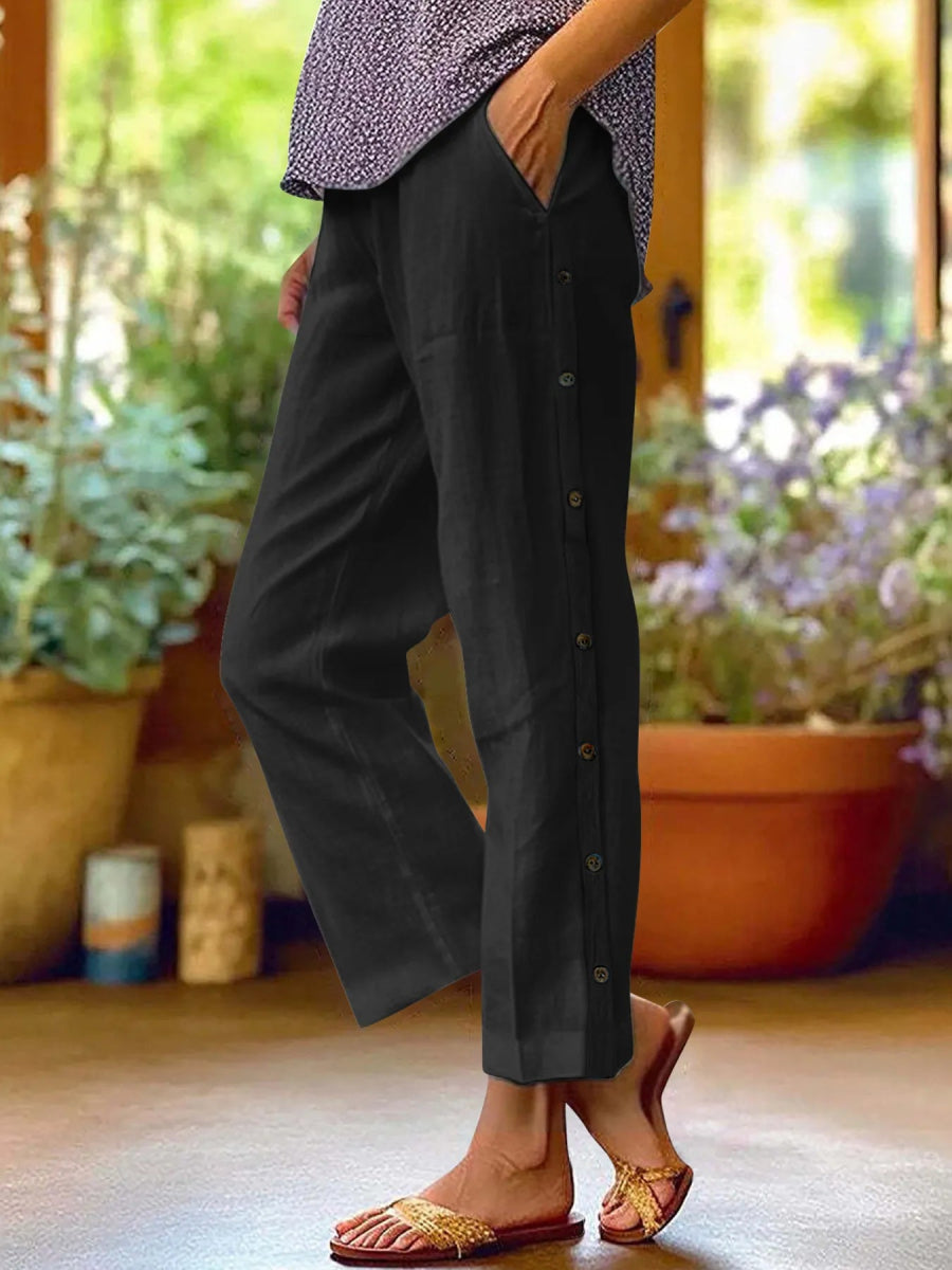 Full Size Side Decor Button Casual Wide Leg Pants Plus Size - CELIVINE