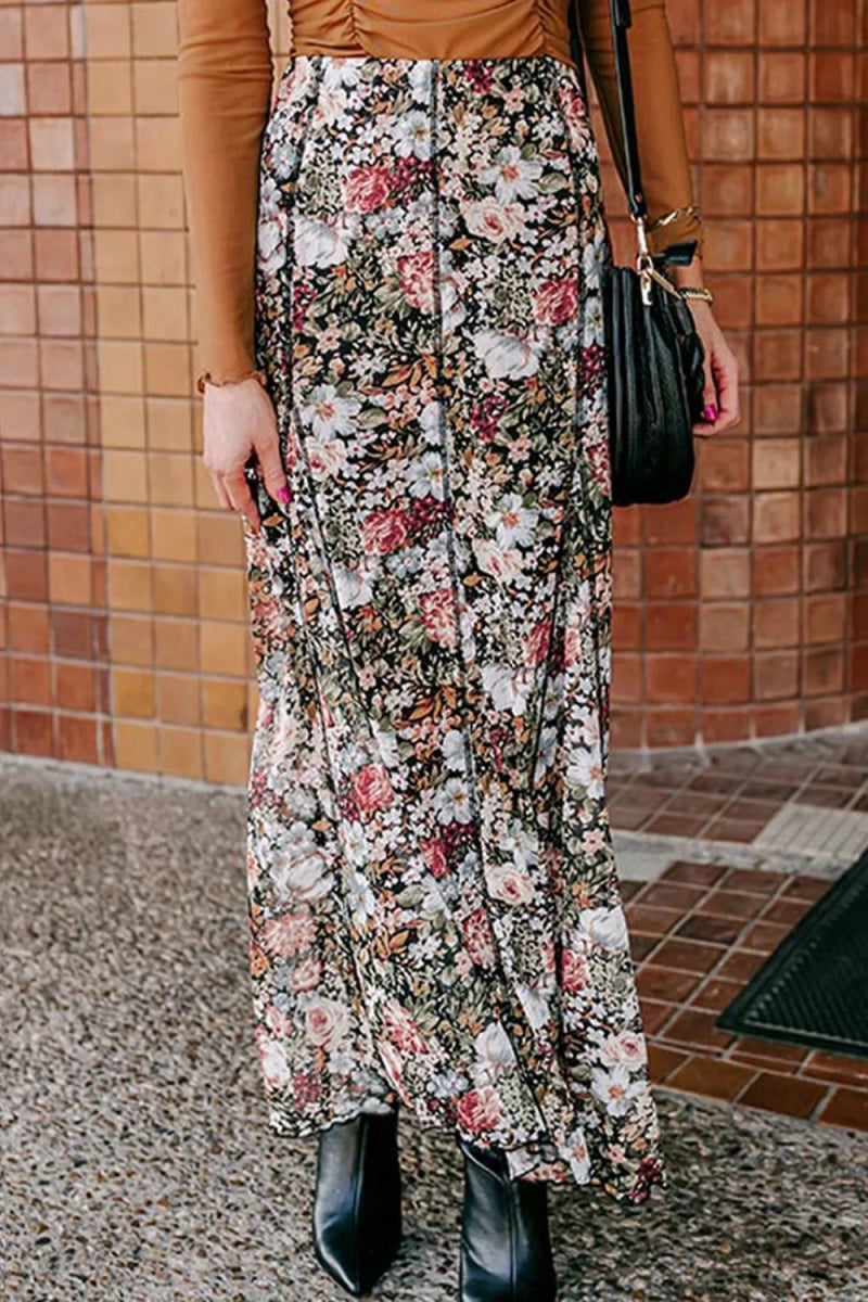 Floral Elastic Waist Maxi Skirt - CELIVINE