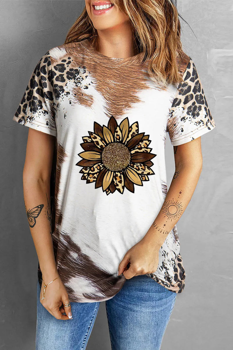 Sunflower Graphic Round Neck Short Sleeve T-Shirt - CELIVINE